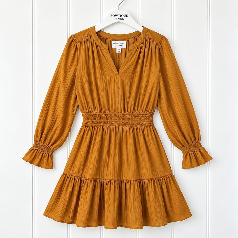 Simply Vera Vera Wang Dress XXL Rust Gold Smocked Tiered Long Sleeve Boho